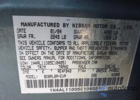 2005 Nissan Altima 2.5 S z USA, uszkodzony, nr VIN 1N4AL11D05C104051